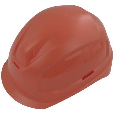 Ein orangefarbener Schutzhelm, der häufig auf Baustellen zum Schutz des Kopfes getragen wird.
