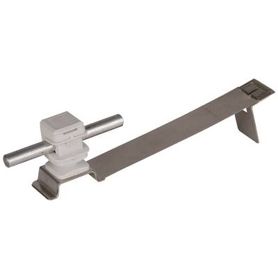 Metallische Bügelklemme mit Kunststoffaufsatz zur Befestigung an Rohren oder Stangen.