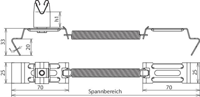 Technische Zeichnung einer Spannfeder und ihrer Halterungen mit Maßen: Spannbereich 70 mm, Höhe 33 mm, Breite 25 mm, Höhe Halterung 20 mm.