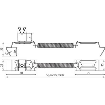 Technische Zeichnung einer Spannfeder und ihrer Halterungen mit Maßen: Spannbereich 70 mm, Höhe 33 mm, Breite 25 mm, Höhe Halterung 20 mm.