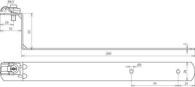 Technische Zeichnung eines Metallbügels mit Bemaßungen: 260 mm Länge, 55 mm Höhe, Bohrungsdurchmesser 5 mm, Abstände 20 mm und 32 mm.