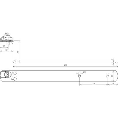 Technische Zeichnung eines Metallbügels mit Bemaßungen: 260 mm Länge, 55 mm Höhe, Bohrungsdurchmesser 5 mm, Abstände 20 mm und 32 mm.