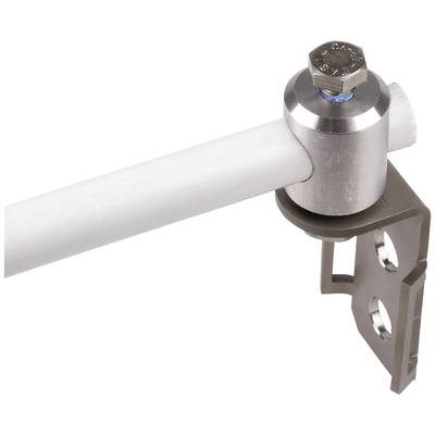 Ein Metallhalter hält ein weißes Rohr in Position. Die Halterung ist an einem Winkel befestigt, um Stabilität zu gewährleisten.