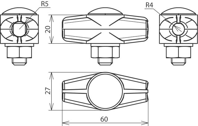 Technische Zeichnung eines mechanischen Bauteils mit Maßen: Höhe 20, Breite 60, Tiefe 27, Radien R4 und R5 oberhalb.