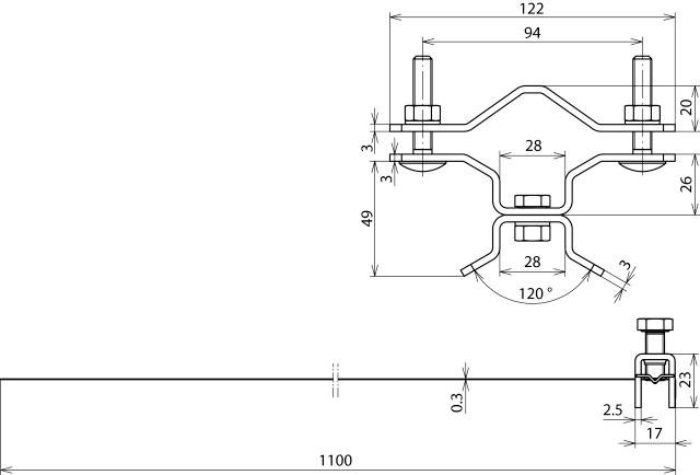 Technische Zeichnung eines mechanischen Teils mit Maßen in Millimetern. Zeigt eine Klemmenstruktur mit Schrauben und Biegelinien.