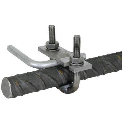 Befestigungselement befestigt zwei Betonstahlstäbe mit Schraubverbindungen. Hauptteil ist aus Metall, gekrümmte Form.