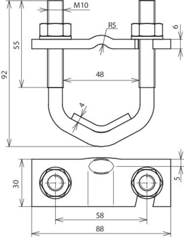 Technische Zeichnung eines U-Bolzens mit Muttern; Maße: 92x55 mm vertikal, 48 mm horizontal, M10 Gewinde, Sicht von vorne und oben.