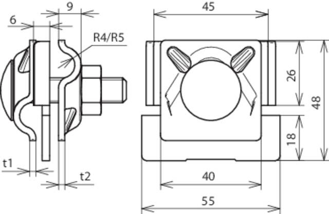Technische Zeichnung eines Verbindungselements mit Bemaßungen, einschließlich Rundungen von 4/5 mm, Gesamtlänge 55 mm, Höhe 48 mm.