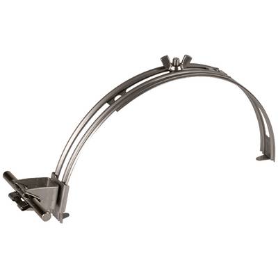 Ein gewölbter, metallischer Lampenhalter mit einer stabilen Halterung und verstellbaren Schrauben, geeignet für den industriellen Einsatz.