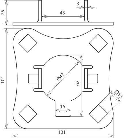 Technische Zeichnung einer quadratischen Halterung mit Abmessungen: 101x101 mm. Markierte Bohrlöcher und ein zentraler Ausschnitt.