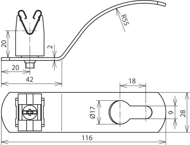 Technische Zeichnung einer Metallklemme mit Maßen. Oben: Seitenansicht zeigt Schraubloch und Klammer. Unten: Draufsicht mit weiteren Abmessungen.