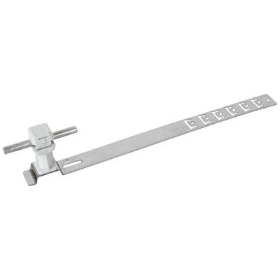 Metallische Dachsicherungsschiene mit mehreren Befestigungslöchern und quadratischer Halterung am Ende, für Gebäudeabsicherung.