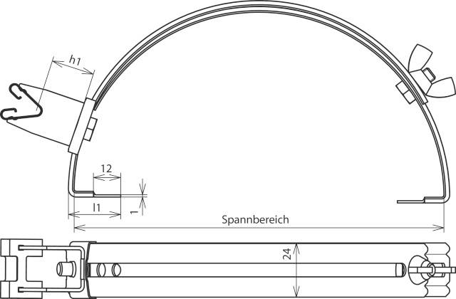 Strukturzeichnung eines Bogens mit Spannbereichsbeschriftung. Maße h1, l1 und 12 mm sind angegeben. Flügelmuttern an den Enden.