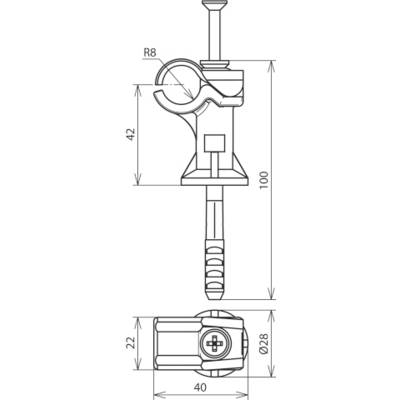 Technische Zeichnung eines Halters mit Schraube und Dübel. Maße: 100 mm Höhe, 42 mm Breite. Seitliche Ansicht und Draufsicht abgebildet.