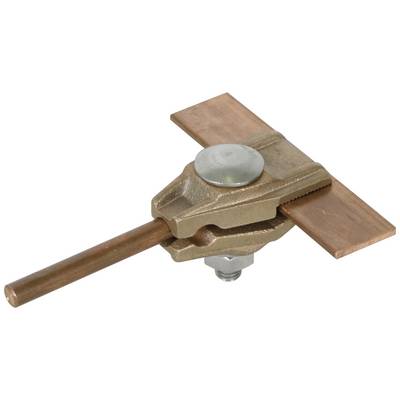 Eine bronzefarbene mechanische Klemme hält zwei Kupferstangen rechtwinklig zusammen. Die Klemme hat eine Metallschraube zum Fixieren.