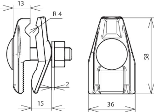Technische Zeichnung eines Spannmechanismus. Links: Seitenansicht mit Maßangaben 13, 2, 15 und Radius 4. Rechts: Vorderansicht, Höhe 58, Breite 36.