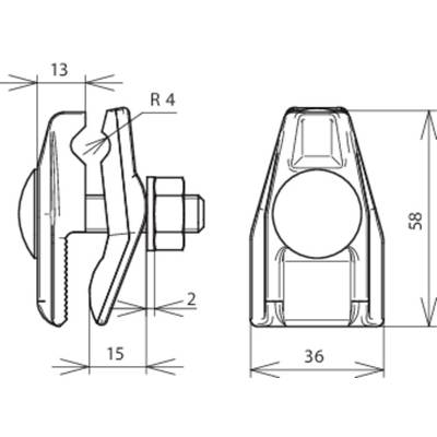 Technische Zeichnung eines Spannmechanismus. Links: Seitenansicht mit Maßangaben 13, 2, 15 und Radius 4. Rechts: Vorderansicht, Höhe 58, Breite 36.