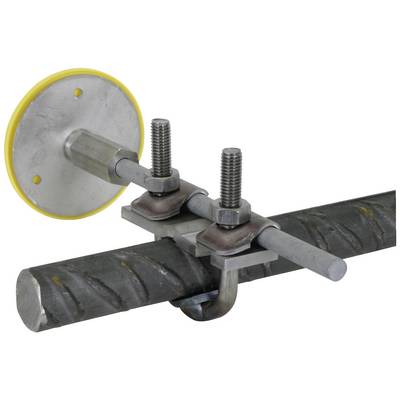Metallstab mit zwei Schraubklemmen an einer Gewindestange befestigt. Links eine gelbe, runde Kappe als Schutz am Ende.