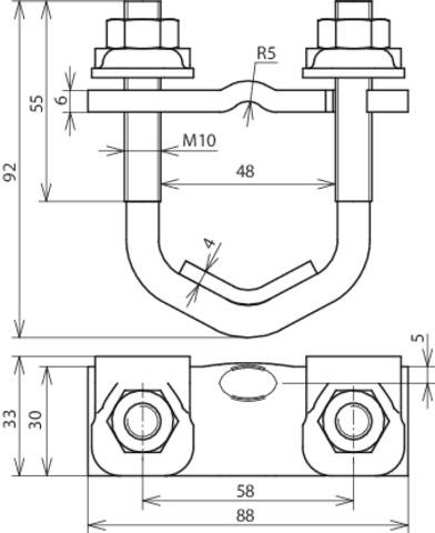 Technische Zeichnung eines U-Bolzens mit Maßen: Gesamtbreite 88 mm, Höhe 92 mm, Rohrdurchmesser M10, Abstand zwischen Bolzen 58 mm.