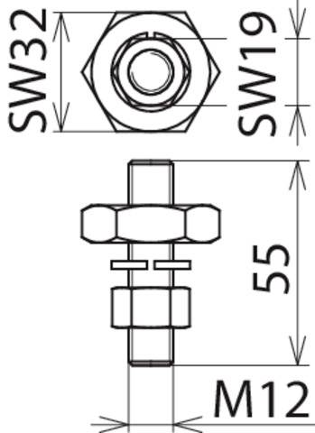 Technische Zeichnung einer Schraubverbindung mit Sechskantmutter, Maße: SW32, SW19, M12, Gesamtlänge 55 mm.