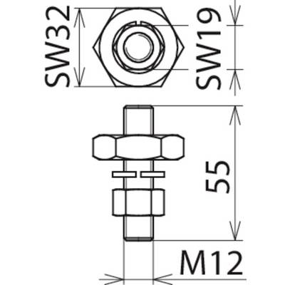 Technische Zeichnung einer Schraubverbindung mit Sechskantmutter, Maße: SW32, SW19, M12, Gesamtlänge 55 mm.