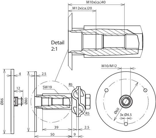 Technische Zeichnung eines Bauteils mit Maßen und Schnitten, zeigt mehrere Ansichten und Detail 2:1 Vergrößerung.