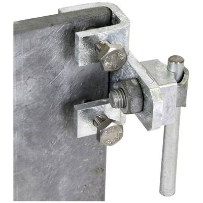 Metallischer Scharniermechanismus an einer Platte, befestigt mit Schrauben und Bolzen.