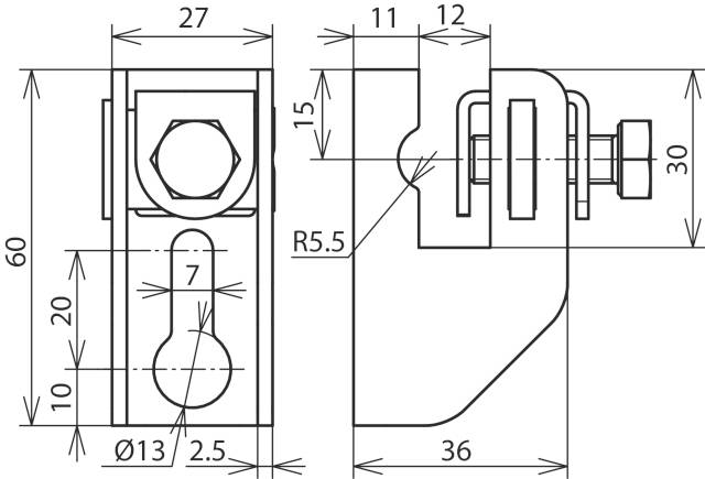 Technische Zeichnung eines mechanischen Teils mit Maßen. Darstellung der Vorder- und Seitenansicht mit Details zu Schraubenpositionen.