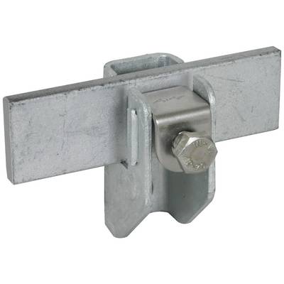 Ein verzinktes Metallverbindungsstück mit Schraube zur Befestigung an Konstruktionen, geeignet für Bauanwendungen oder industrielle Zwecke.