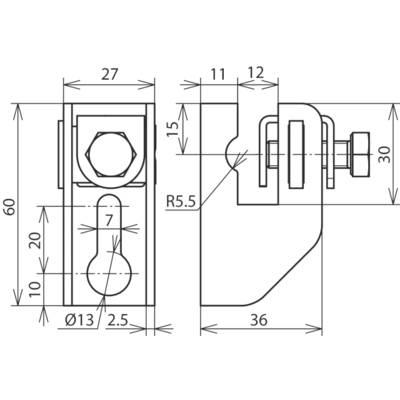 Technische Zeichnung eines Metallbeschlags mit Abmessungen in Millimetern. Vorder- und Seitenansicht zeigen Schraube, Rundung und Bohrlochpositionen.