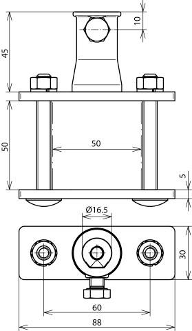 Technische Zeichnung eines Maschinenteils mit Maßen: 88 mm Breite, 50 mm Höhe, 45 mm weitere Höhe, 16,5 mm Lochdurchmesser.