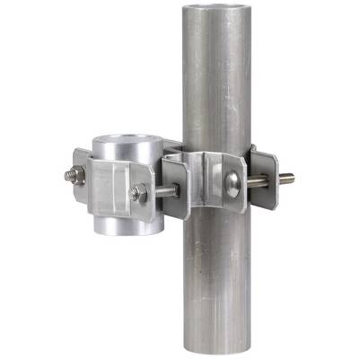 Metallkonstruktion mit zwei verbundenen Rohren durch eine zentrale Klemme, montiert mit Schrauben.