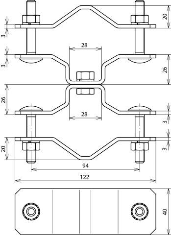 Technische Zeichnung einer Metallhalterung mit Maßen: Breite 122 mm, Höhe 26-28 mm, Schrauben und Muttern sichtbar, flach gezeichnet.