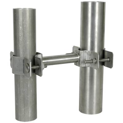 Zwei Edelstahlrohre, die parallel zueinander stehen und durch eine Querstrebe mit Schrauben und Klammern miteinander verbunden sind.