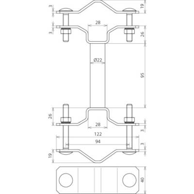 Technische Zeichnung einer Metallverbindung mit Maßen: Länge 122 mm, Breite 40 mm, Höhe 95 mm, Herstellungsdetails angegeben.