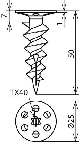 Diagramm eines Schraubdübels mit Angaben: Länge 50 mm, Kopfbreite 25 mm, Antrieb TX40, Gesamtlänge 7 mm.