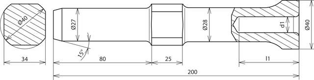 Technische Zeichnung eines Bolzens mit Maßen in Millimetern. Hauptteile zeigen Durchmesser von 40, 27, 28 und eine Länge von 200 mm.