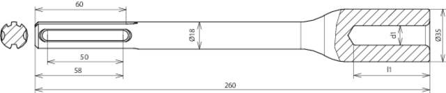 Technische Zeichnung eines zylindrischen Werkzeugs mit linearen Maßen in Millimetern. Es zeigt verschiedene Durchmesser und Längen.
