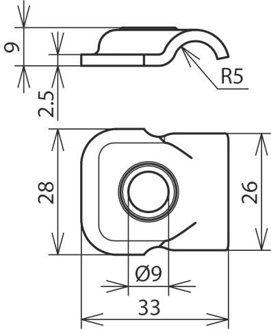 Technische Zeichnung eines Metallprofils mit Abmessungen: Höhe 9 mm, Breite 33 mm, Radius 5 mm, zentrale Bohrung Ø9 mm.