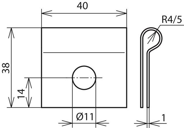Technische Zeichnung eines Metallklips: Rechteckige Form, 40 mm breit, 38 mm hoch, Loch Ø11 mm, R4/5, Dicke 1 mm.