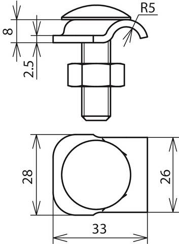 Technische Zeichnung eines Schraubennietenprofils mit Maßen: 8 mm Höhe, 2,5 mm Basis, 33 mm Breite, 28 mm Durchmesser, 26 mm Tiefe.