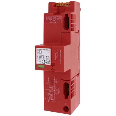 Ein rotes elektrisches Schaltgerät für Überspannungsschutz mit technischen Aufdrucken und LED-Anzeigen, passend für Schalttafeleinbau.