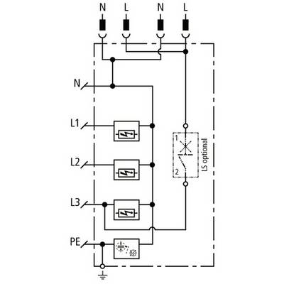 Schaltplan eines elektrischen Systems mit 3 Phasen (L1, L2, L3), Neutralleiter (N), Schutzleiter (PE) und optionaler Komponente (LS).