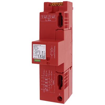 Rotes elektrisches Schutzgerät mit Beschriftung und Schaltplan auf der Vorderseite, zeigt technische Details und Anschlussmöglichkeiten.
