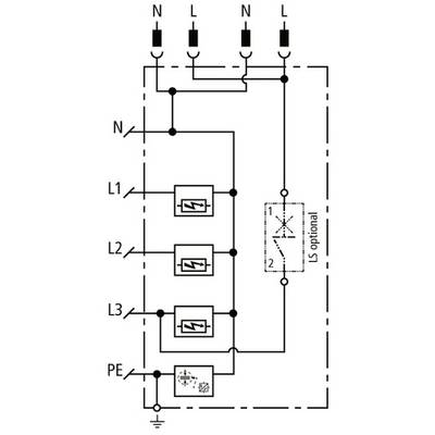'Schaltplan eines elektrischen Systems mit Neutralleiter N, drei Phasen L1, L2, L3 und Erdung PE. Optionaler Schalter LS vorhanden.'