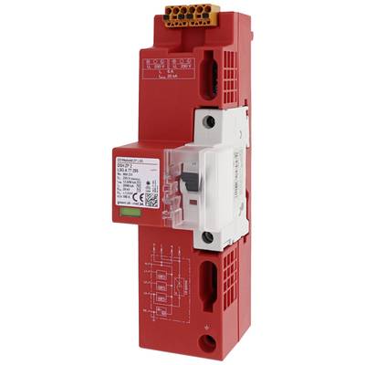 Ein roter Überspannungsschutz von Dehn mit einer weißen Abdeckung und mehreren Anschlüssen. Eignet sich für den elektrischen Schutz.