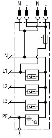 Schaltplan eines elektrischen Verteilers mit drei Schaltern gekennzeichnet als L1, L2, L3 sowie PE und einer Sicherung. Oben sind Eingangsleitungen N und L.