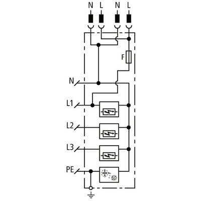 Schaltplan eines elektrischen Verteilers mit drei Schaltern gekennzeichnet als L1, L2, L3 sowie PE und einer Sicherung. Oben sind Eingangsleitungen N und L.