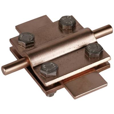Metallverbinder aus Kupfer mit vier Schrauben und zwei parallelen Stangen. Verwendet für elektrische Erdungsverbindungen.