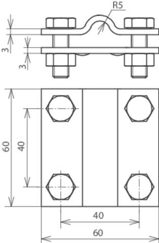 Technische Zeichnung eines Klemmstücks mit Maßen. Oben: Seitenansicht mit geschwungenem Bereich, zwei Schrauben. Unten: Draufsicht mit vier Schraubenlöchern. Maße: 60 mm hoch, 40 mm breit.